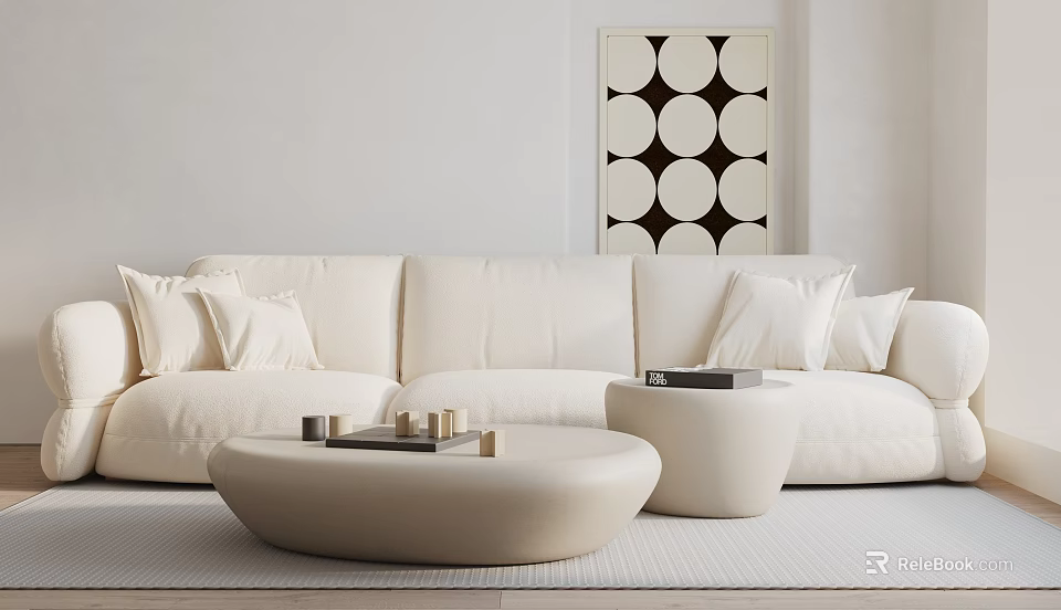 Modern Minimalist White Three Seater Sofa With Throw Pillows Coffee Tables And Geometric Wall Art 3d model 