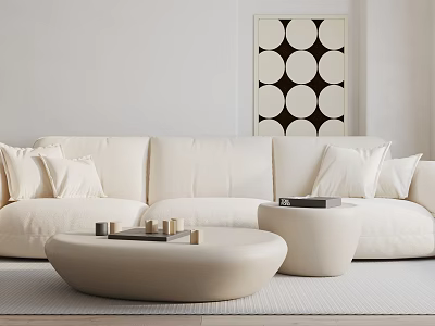 Modern Minimalist White Three Seater Sofa With Throw Pillows Coffee Tables And Geometric Wall Art 3d model