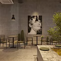 Industrial Style Café Interior With Large Windows Green Plants Concrete Elements And Wooden Tables