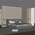 Modern Bedroom Design With Black Bed Frame Striped Accent Wall LED Lighting And Area Rug