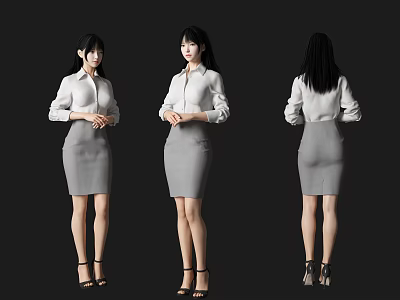 Woman in White Shirt Gray Skirt and High Heels Three Different Angles View 3d model