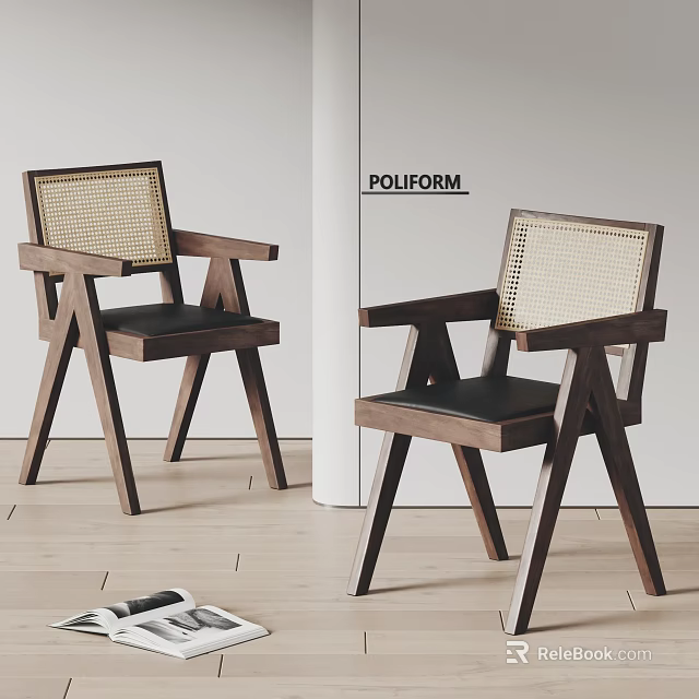 Modern POLFORM Dining Armchairs with Walnut Frame and Woven Rattan Backrest 3d model 