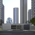 Modern Building Facade of Urban Residential Complex With Minimalist Light-colored Design and Landscaped Entrance Area