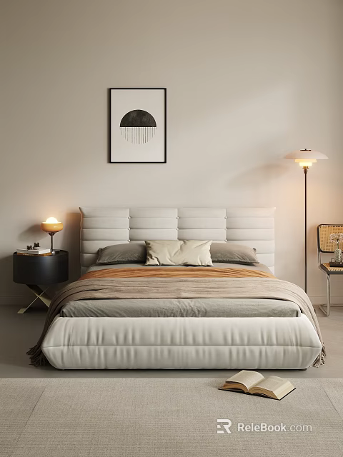 Cozy Double Bed With Upholstered Headboard Plush Pillows Nightstand Floor Lamp And Circular Wall Art 3d model 