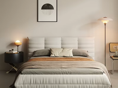 Cozy Double Bed With Upholstered Headboard Plush Pillows Nightstand Floor Lamp And Circular Wall Art 3d model