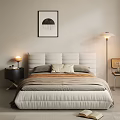 Cozy Double Bed With Upholstered Headboard Plush Pillows Nightstand Floor Lamp And Circular Wall Art
