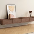 Floating Wooden TV Stand with Drawers Artwork Vases and Dried Flowers on Herringbone Floor