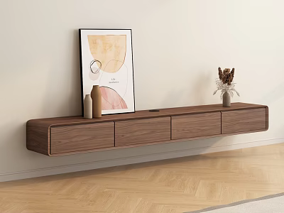Floating Wooden TV Stand with Drawers Artwork Vases and Dried Flowers on Herringbone Floor 3d model
