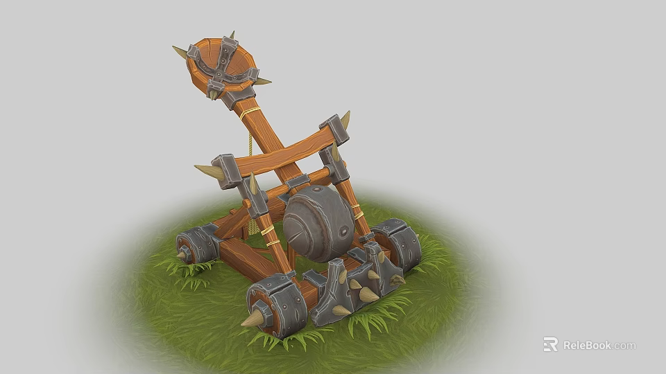 Ancient Siege Weapon With Wooden Frame Metal Parts And Spiked Wheels On Grass 3d model 
