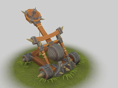 Ancient Siege Weapon With Wooden Frame Metal Parts And Spiked Wheels On Grass 3d model