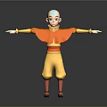 Bald Head Child With Orange Cape Yellow Pants And Red Shoes Standing With Arms Outstretched