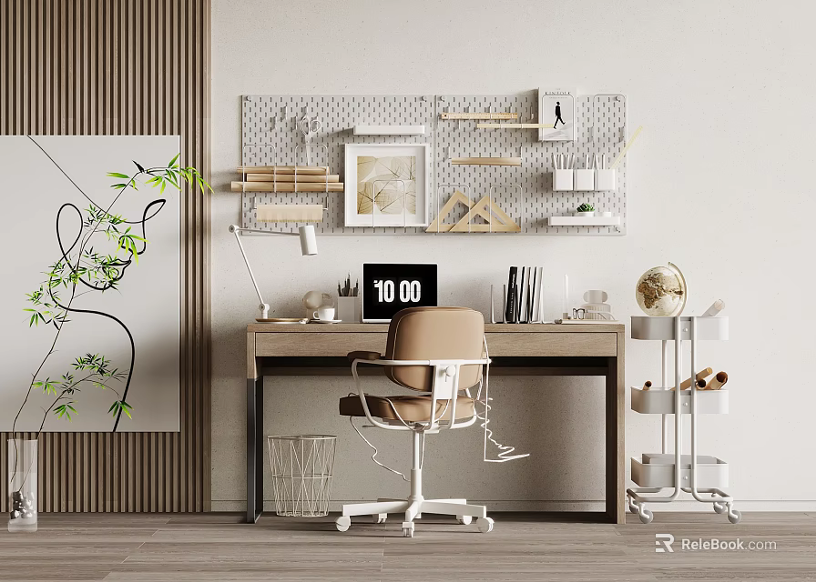 Modern Wooden Desk With Ergonomic Chair Digital Screen Wall Pegboard And Green Plant 3d model 