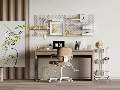 Modern Wooden Desk With Ergonomic Chair Digital Screen Wall Pegboard And Green Plant 3d model