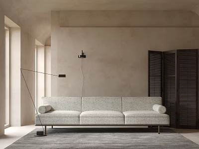 Light Gray Three Seater Fabric Sofa In Modern Minimalist Interior With Floor Lamp And Gray Rug 3d model