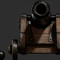 Vintage Historical Cannon With Wooden Carriage Black Barrel And Cannonballs
