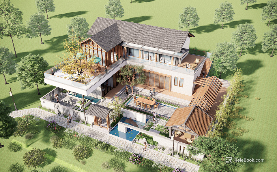 Detached Villa with Modern Chinese Style Courtyard Swimming Pool and Terrace Surrounded by Trees 3d model 