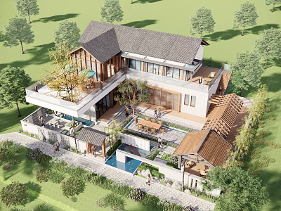 Detached Villa with Modern Chinese Style Courtyard Swimming Pool and Terrace Surrounded by Trees 3d model