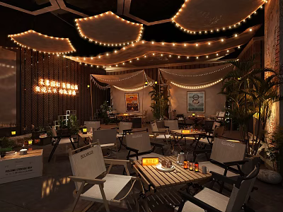 Cozy Casual Interior Space With String Lights Cloud Shaped Ceiling Decor And Plants 3d model