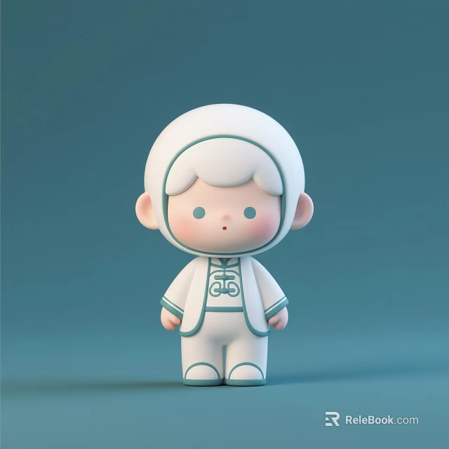 Cute Cartoon Style 3D Doll With White Outfit And Blue Accents On Light Blue Background 3d model 