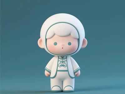 Cute Cartoon Style 3D Doll With White Outfit And Blue Accents On Light Blue Background 3d model