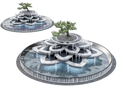 Decorative Water Fountain With Multi Tiered Lotus Shaped Tiers Central Tree And Flowing Water 3d model