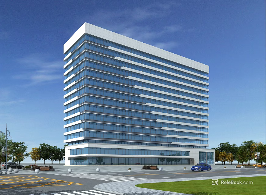 Modern High Rise Office Building With Glass Curtain Wall And Trees Around Parking Lot 3d model 
