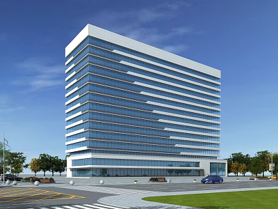 Modern High Rise Office Building With Glass Curtain Wall And Trees Around Parking Lot 3d model