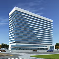 Modern High Rise Office Building With Glass Curtain Wall And Trees Around Parking Lot