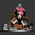 Girl With Pink Hair Green Eyes Sitting On Orange Bookshelf With Little Green Bird