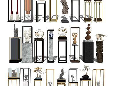 Decorative Ornament Display Set With Metal Marble Wooden Stands And Sculptures Balls Bird Figurines 3d model