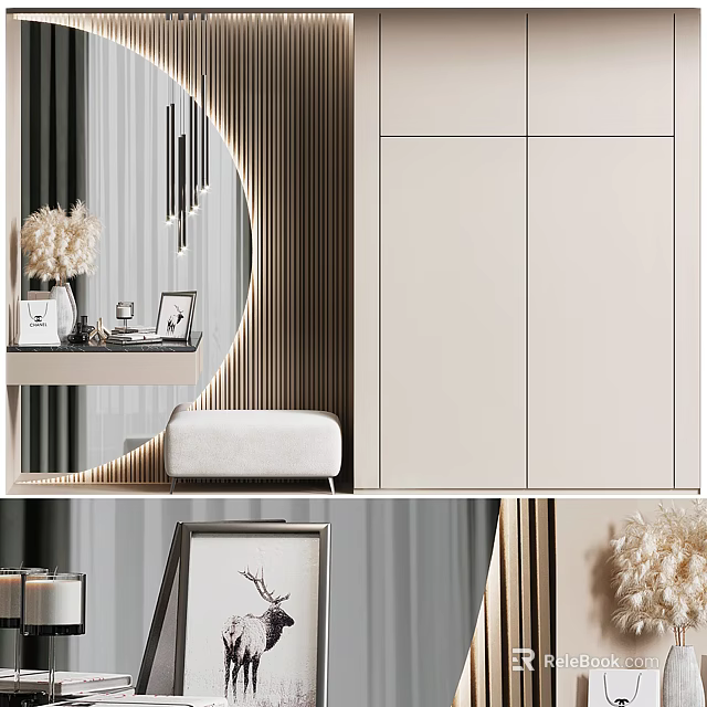 Elegant Modern Dressing Table With Round Mirror Beige Cabinets White Stool And Decorative Items 3d model