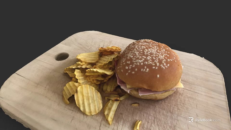 Delicious Hamburger with Sesame Seed Bun Ham and Potato Chips on Wooden Cutting Board 3d model 