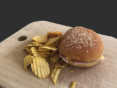 Delicious Hamburger with Sesame Seed Bun Ham and Potato Chips on Wooden Cutting Board 3d model