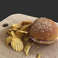 Delicious Hamburger with Sesame Seed Bun Ham and Potato Chips on Wooden Cutting Board