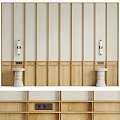 Wooden Vertical Striped Background Wall With Metal Accent Strips And White Bases