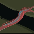 Red Curved Bridge Over Water Connecting Green Land And Red Paths With Railings