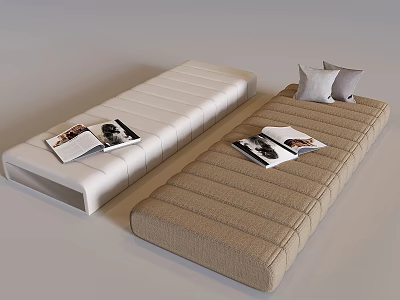 Stylish Upholstered Benches in White and Brown with Magazines and Pillows 3d model
