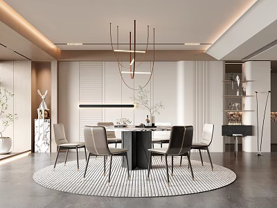Modern Restaurant Interior With Round Dining Table Copper Chandelier White Chairs On Striped Rug 3d model