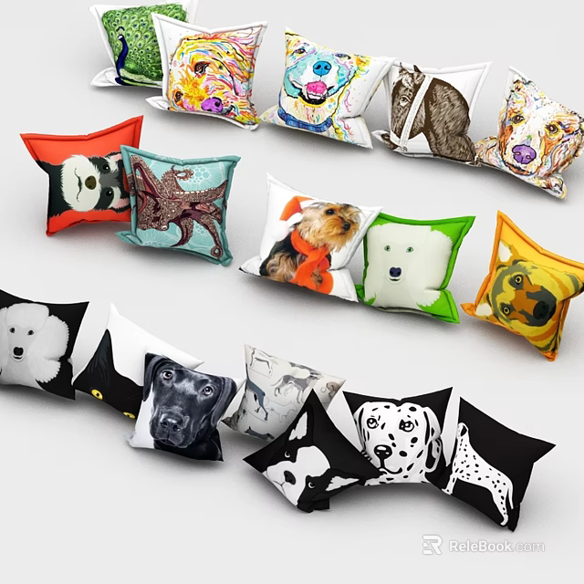 Colorful Decorative Pillows Featuring Animal Prints Dogs Pandas And Octopus Designs 3d model 