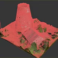 Ancient Stone Tower And Rustic Small House In Lush Green Grass Model Scene