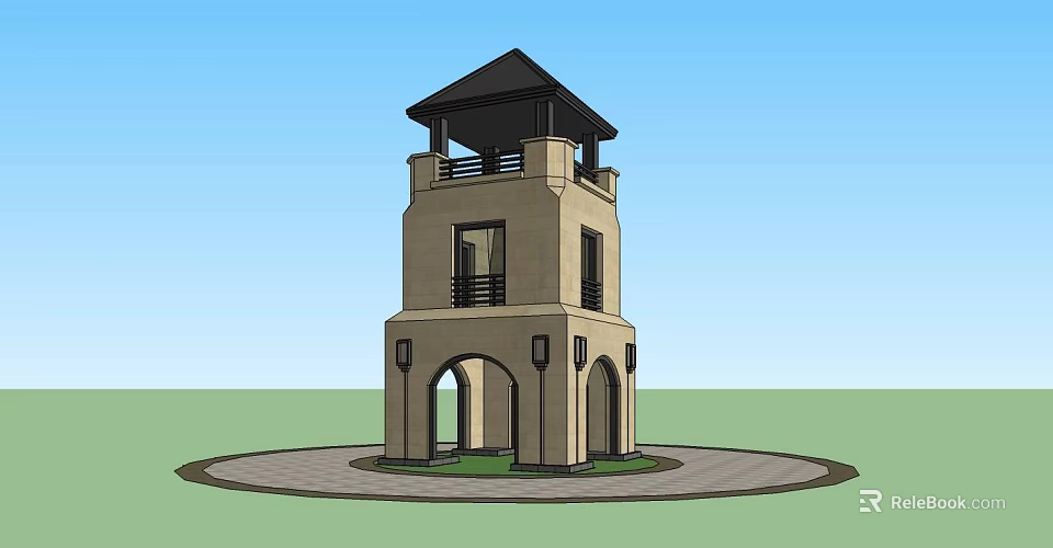 Two Story Stone Tower With Arched Doorways Black Roof And Circular Paved Area 3d model 