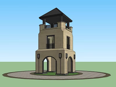 Two Story Stone Tower With Arched Doorways Black Roof And Circular Paved Area 3d model