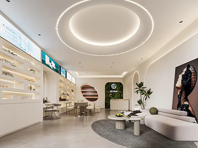 Modern Hair Salon Interior With Product Displays Green Plants Round Ceiling Light And Sofa 3d model