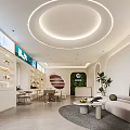 Modern Hair Salon Interior With Product Displays Green Plants Round Ceiling Light And Sofa