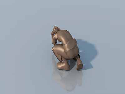 Brown Sculpture Carving Of Crouching Figure With Hand On Face And Light Blue Background Reflection 3d model