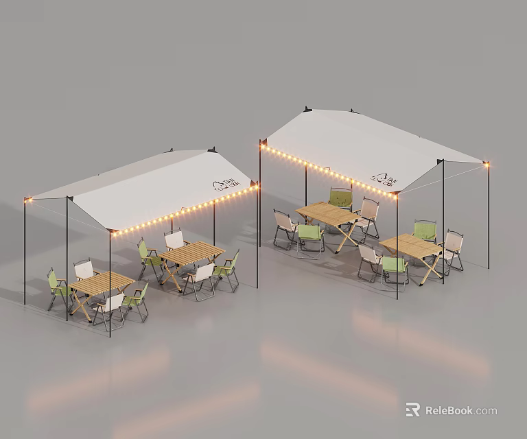 White Tents With String Lights And Outdoor Dining Tables Chairs Setup 3d model 