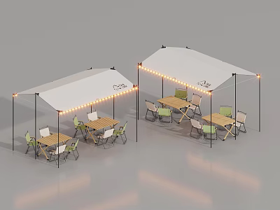 White Tents With String Lights And Outdoor Dining Tables Chairs Setup 3d model