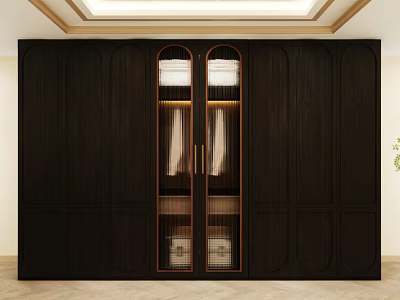 Dark Wooden Wardrobe With Glass Doors Gold Accent Frames And Interior Lighting 3d model