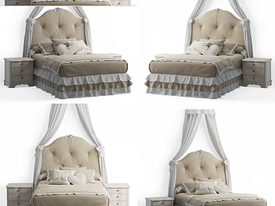 Elegant Beige Upholstered Double Bed With Canopy Pillows And Wooden Bedside Tables 3d model