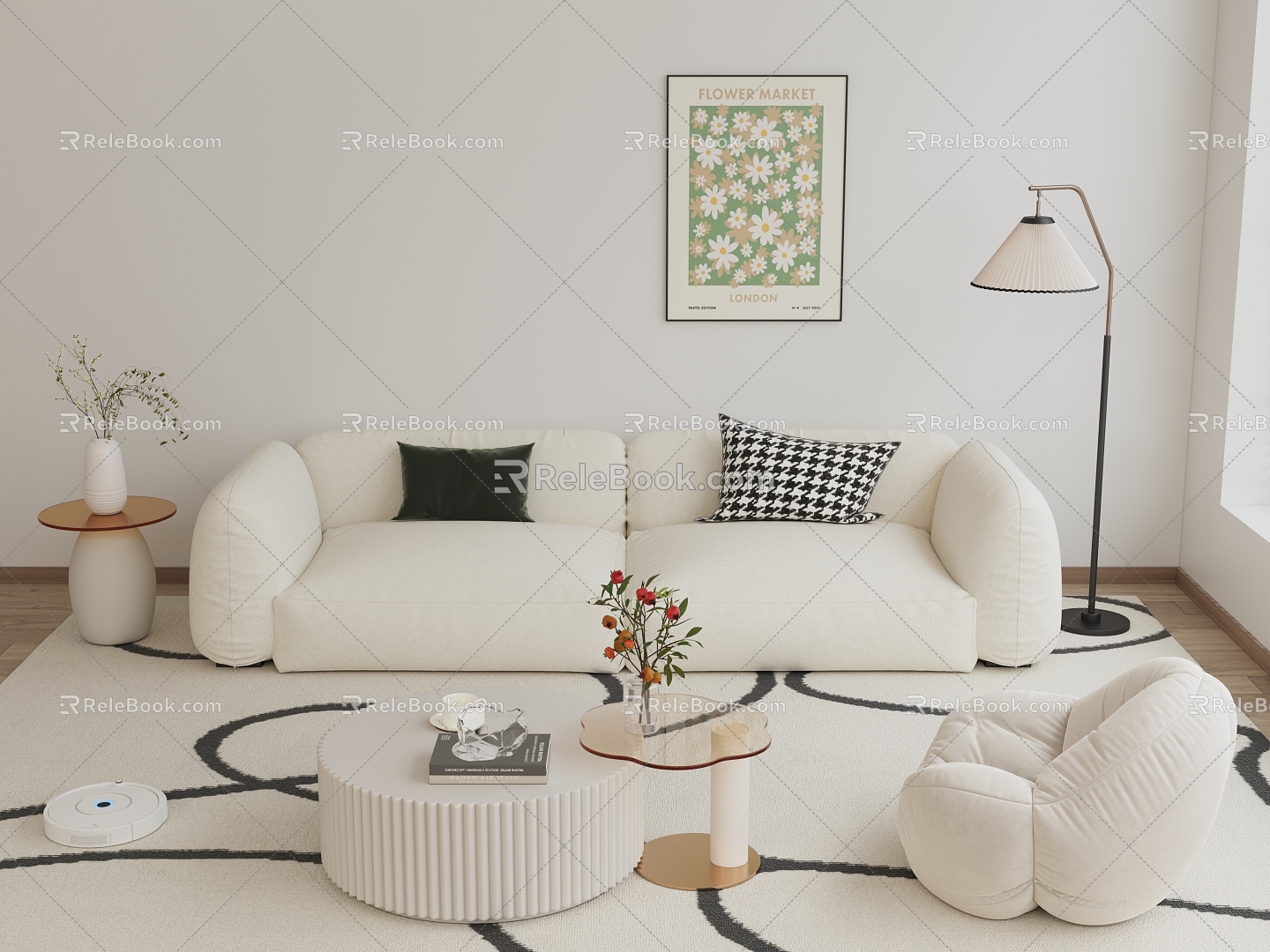 Modern Sofa Combination Cream Style Sofa Combination Coffee Table Leisure Chair Floor Lamp Hanging Painting Carpet Side Table Vase Pillow 3d model